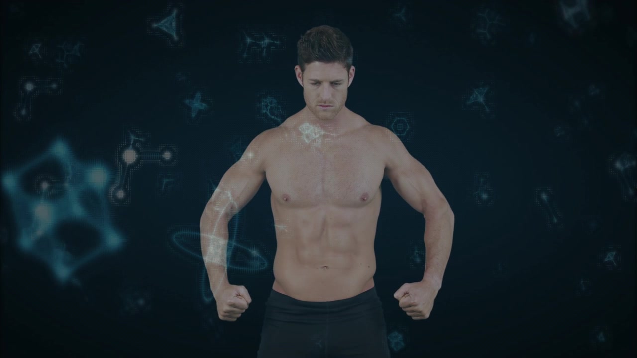 Man bringing fists to hips, tensing core, initiating molecular holograms orbiting chest for science