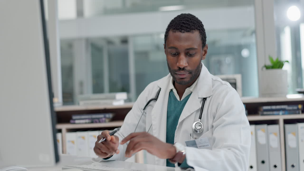 Doctor, man and typing for medical research