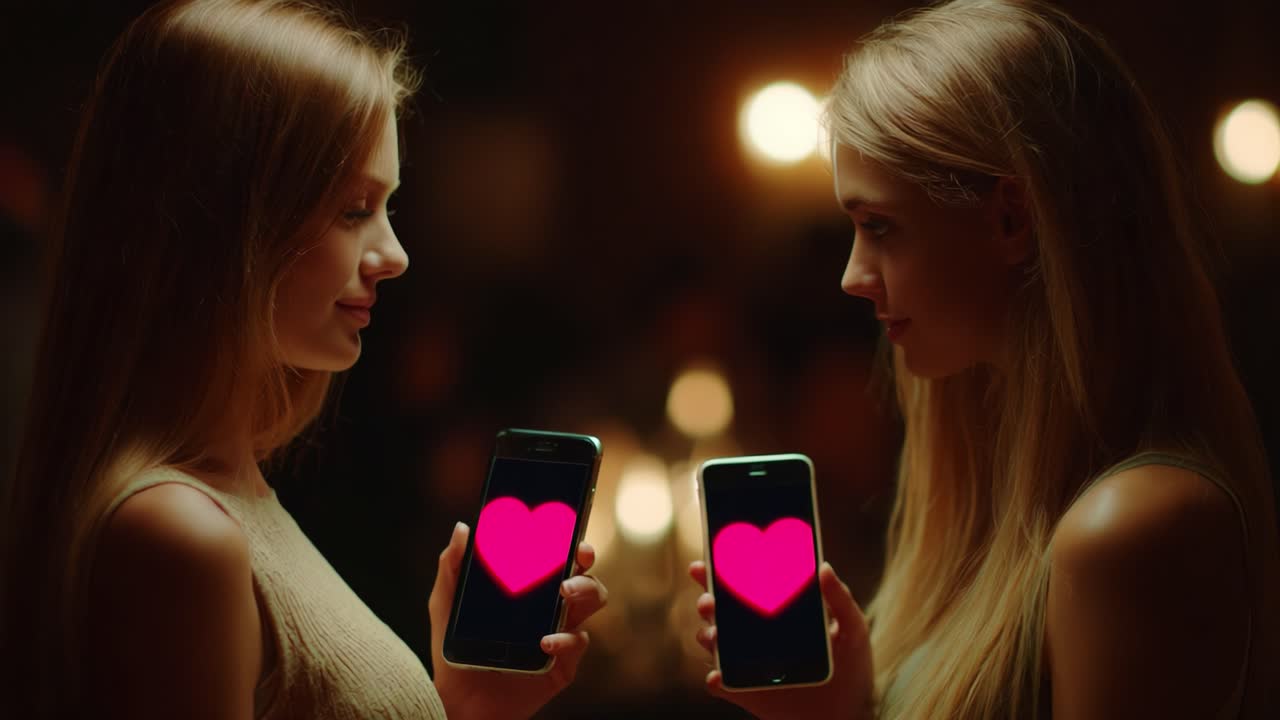 Two Friends Holding Smartphones with Pink Hearts on the Screens, Symbolizing Connection and Affection in a Warm, Dimly Lit Atmosphere