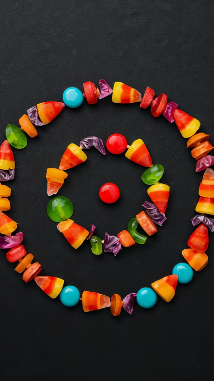 Vertical video: Zooming camera capturing candy arrangement with candy corn and gumdrops on black