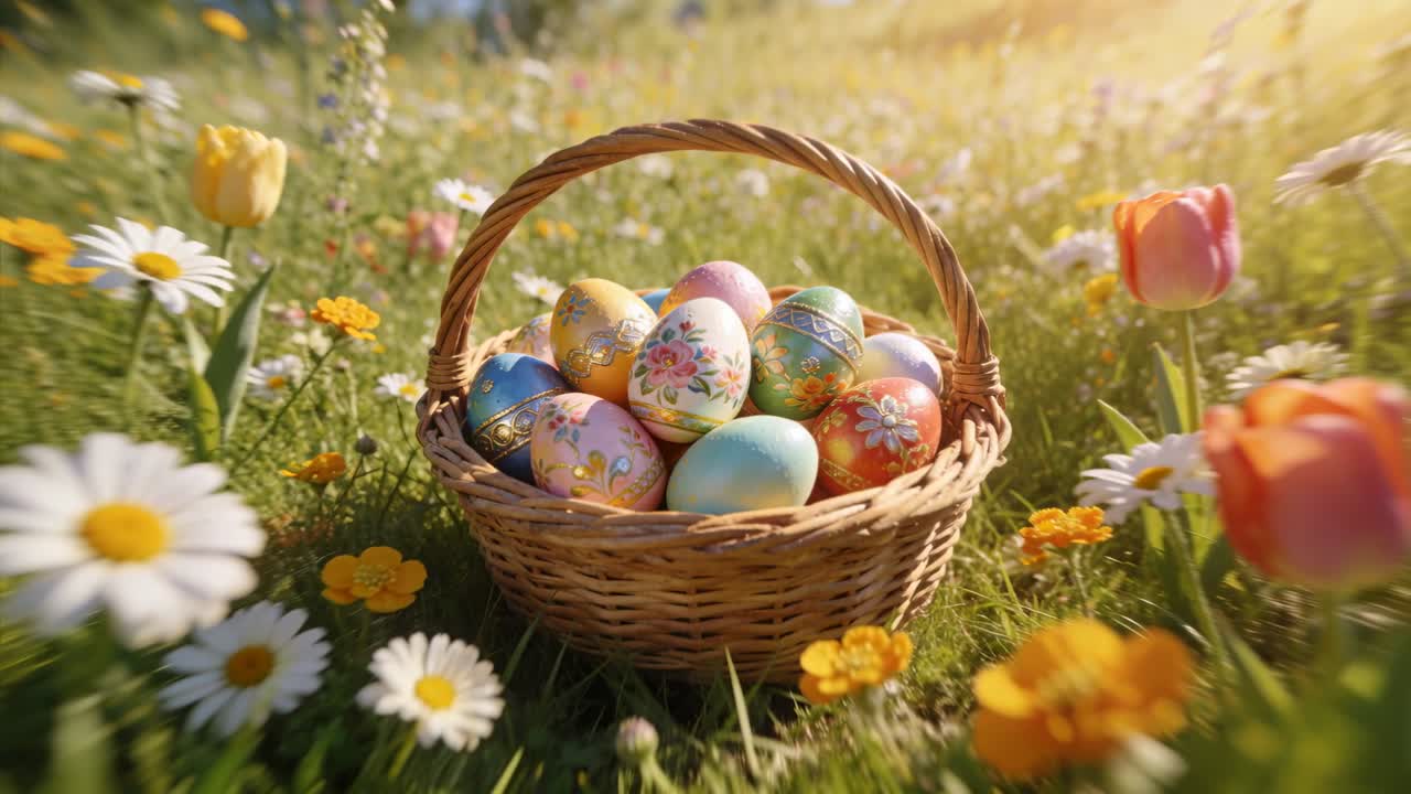 Starting shot, camera gliding, nudging focus in sunny meadow, showing painted eggs in wicker basket