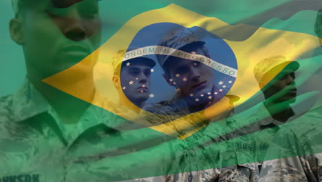 animation of flag of brasil over diverse soldiers