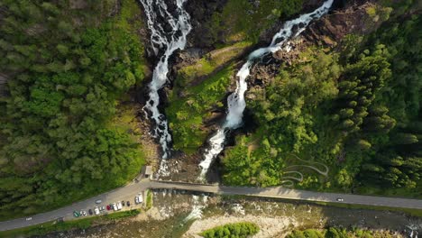 Latefossen-is-one-of-the-most-visited-waterfalls-in-Norway-and-is-located-near-Skare-and-Odda-in-the-region-Hordaland,-Norway.-Consists-of-two-separate-streams-flowing-down-from-the-lake-Lotevatnet.