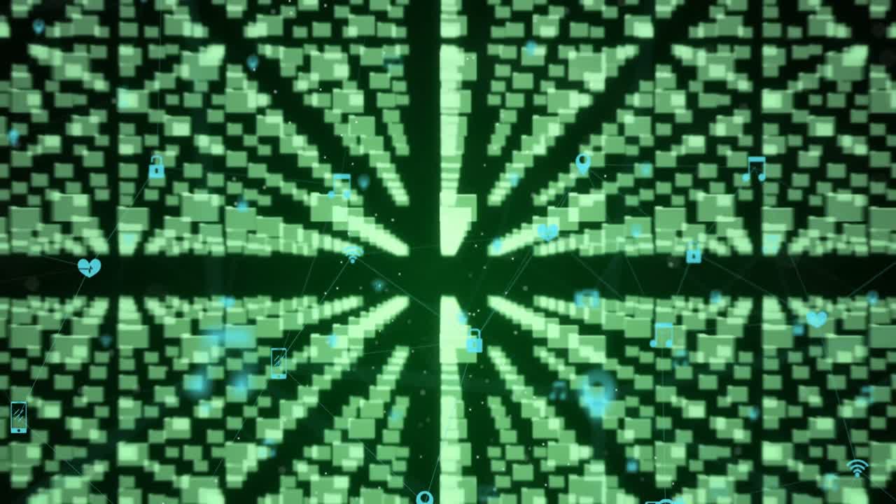 검은 바탕 위의 연결 네트워크와 아이콘의 애니메이션