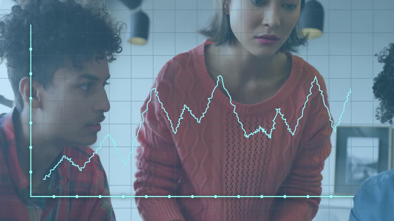 Animation of data processing over diverse business people in office