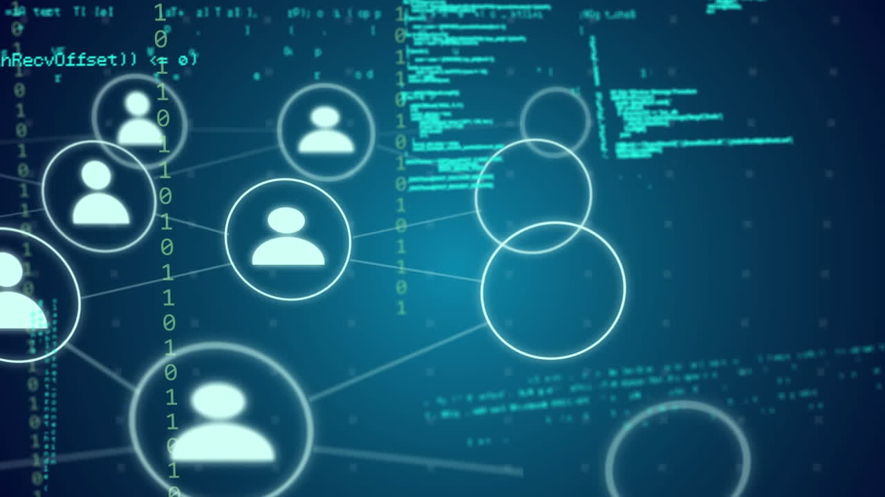 Animation of digital icons and binary coding data processing over blue background