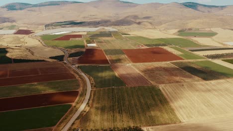 Drohnen-Luftaufnahme-über-Landwirtschaftlichem-Ackerland-Des-Landes-Israel,-Einem-Feld-Mit-Feldfrüchten-Und-Getreide