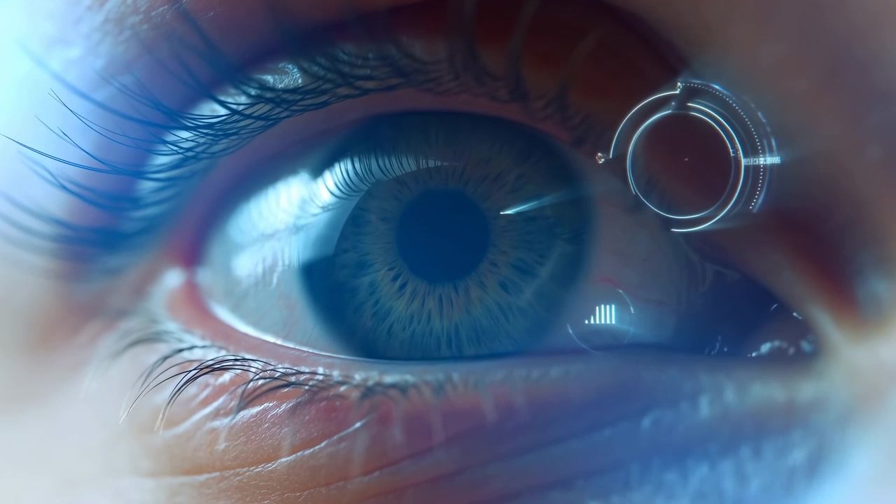 Scena macro a livello dell'occhio che mostra iride, pupilla, ciglia superiori e inferiori, pelle della palpebra circostante e cornea lucida mentre elementi HUD digitali circolari si riflettono durante un sottile allineamento biometrico