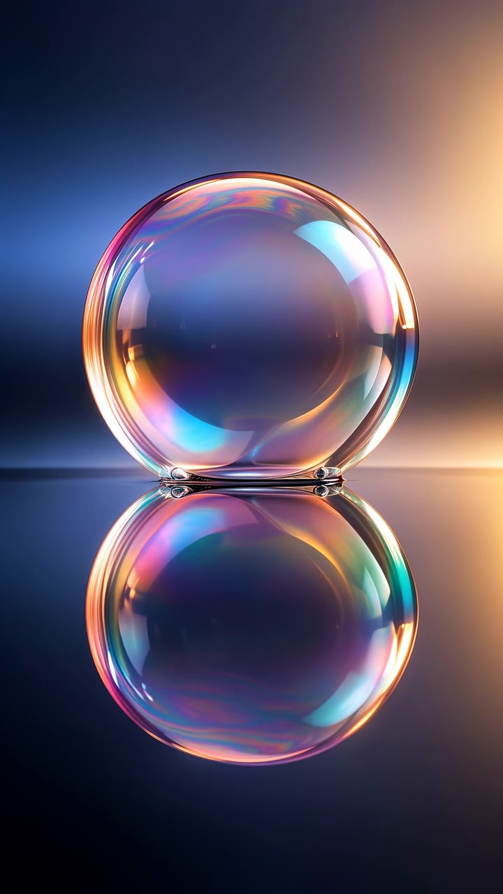 Transparent orb remains still while cyan, magenta, green, and orange reflections move across its glossy surface and mirrored image below, framed by soft blue and amber light.