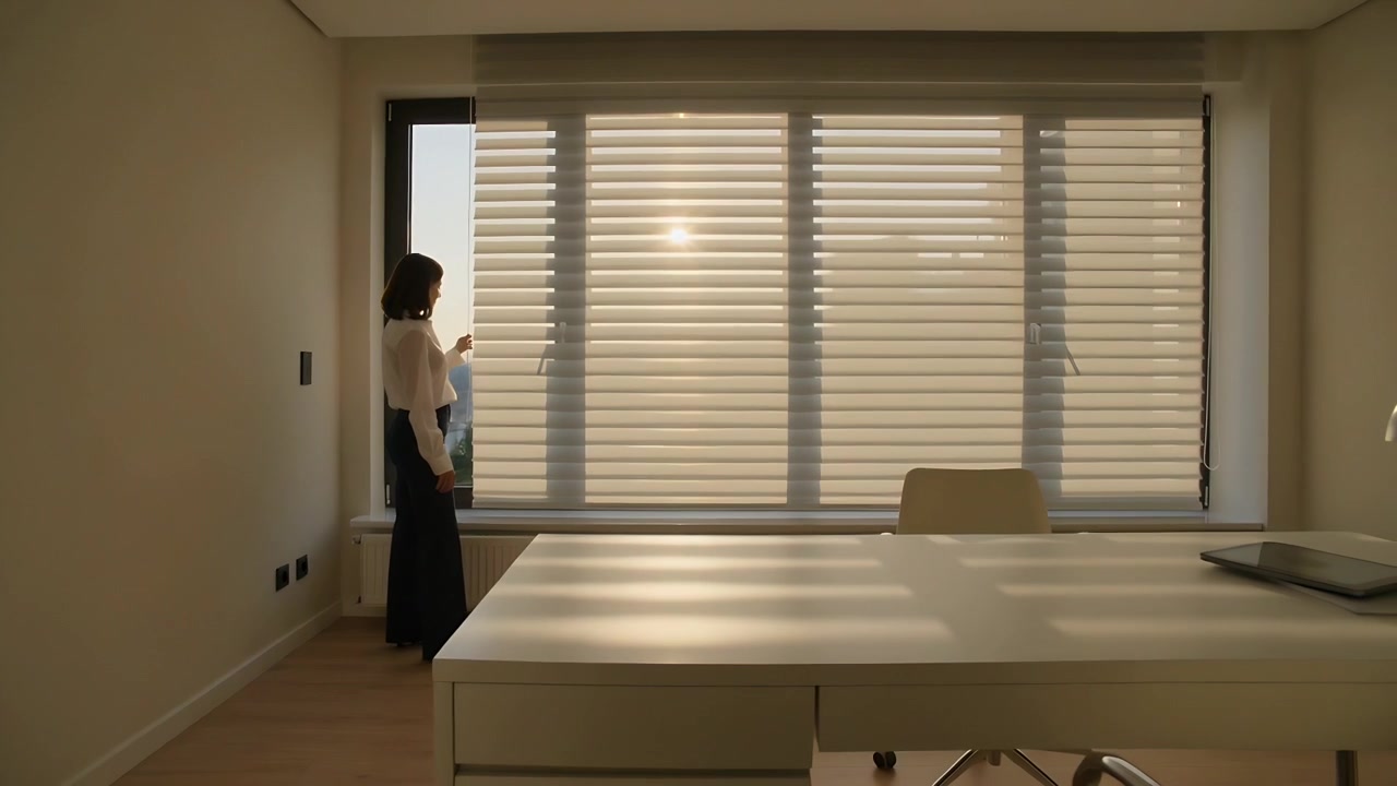 Mujer con blusa clara y falda oscura ajustando las persianas en el escritorio, viendo la luz del sol, con espacio para texto.