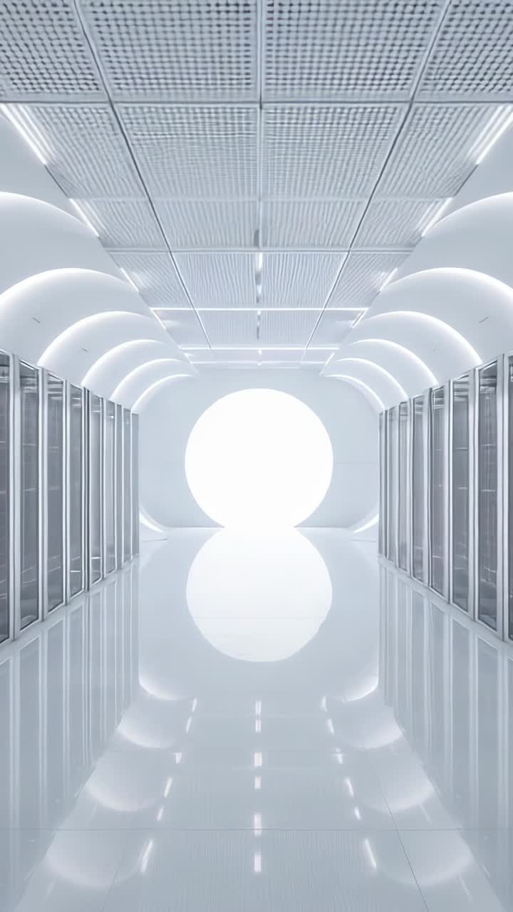 Vertical video: Holding static camera shot of corridor, with server racks and glowing portal