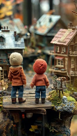 children figurines explore a small village in a colorful autumn setting