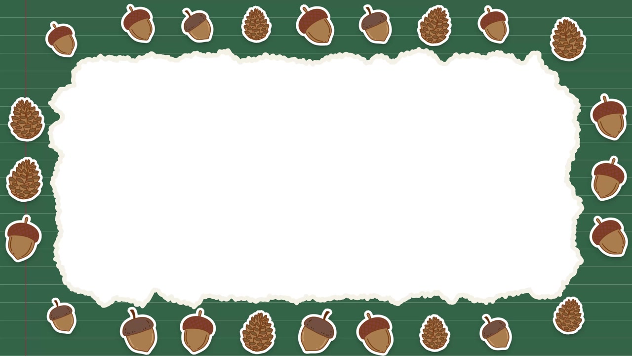 Animated autumn loop featuring torn notebook paper copy space framed by chalk green acorns.