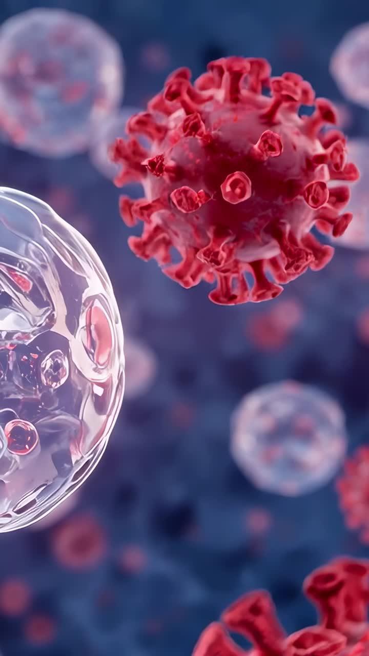 Video verticale: Virione rosso appuntito che entra in alto a destra e si sposta verso una cellula trasparente nel fluido, legandosi