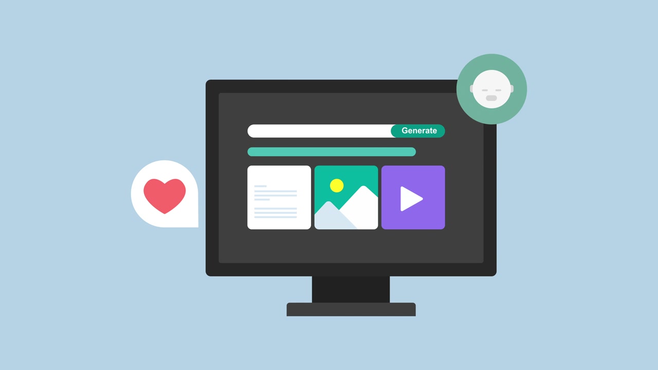 Schermo di computer animato che genera contenuti digitali e notifiche