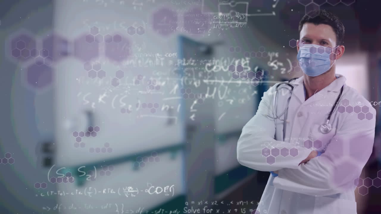 Strutture chimiche ed elaborazione dati su sfondo di ritratto di medico maschio caucasico che indossa una mascherina.