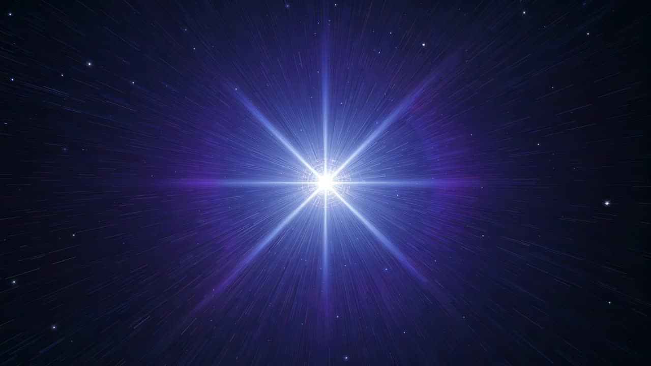 Pulsing white core starting with eight-point burst, fluctuating in deep space, showing purple flare