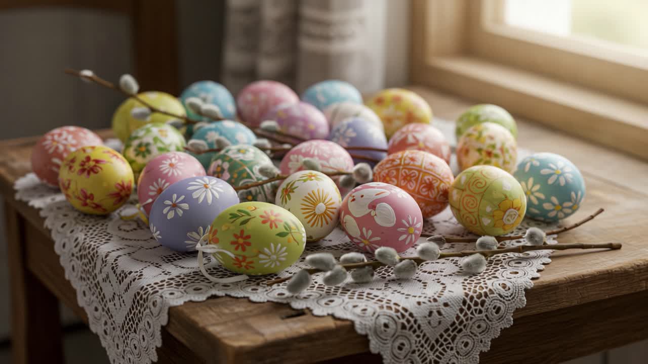 A Vibrant Display of Decorated Easter Eggs on an Elegant Tablecloth with Natural Elements, Perfect for Celebrating Spring Festivities and Traditions in a Bright Room