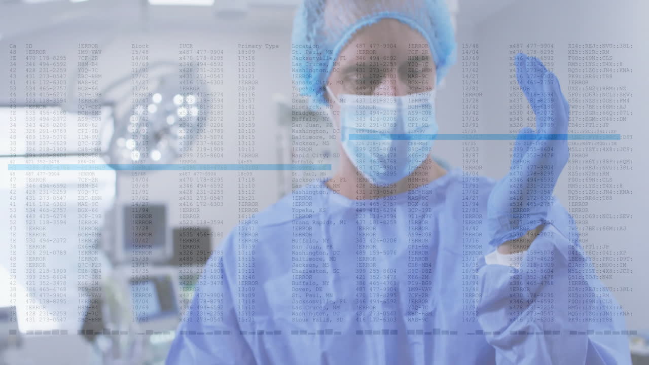 анимация обработки данных над кавказским хирургом с маской для лица
