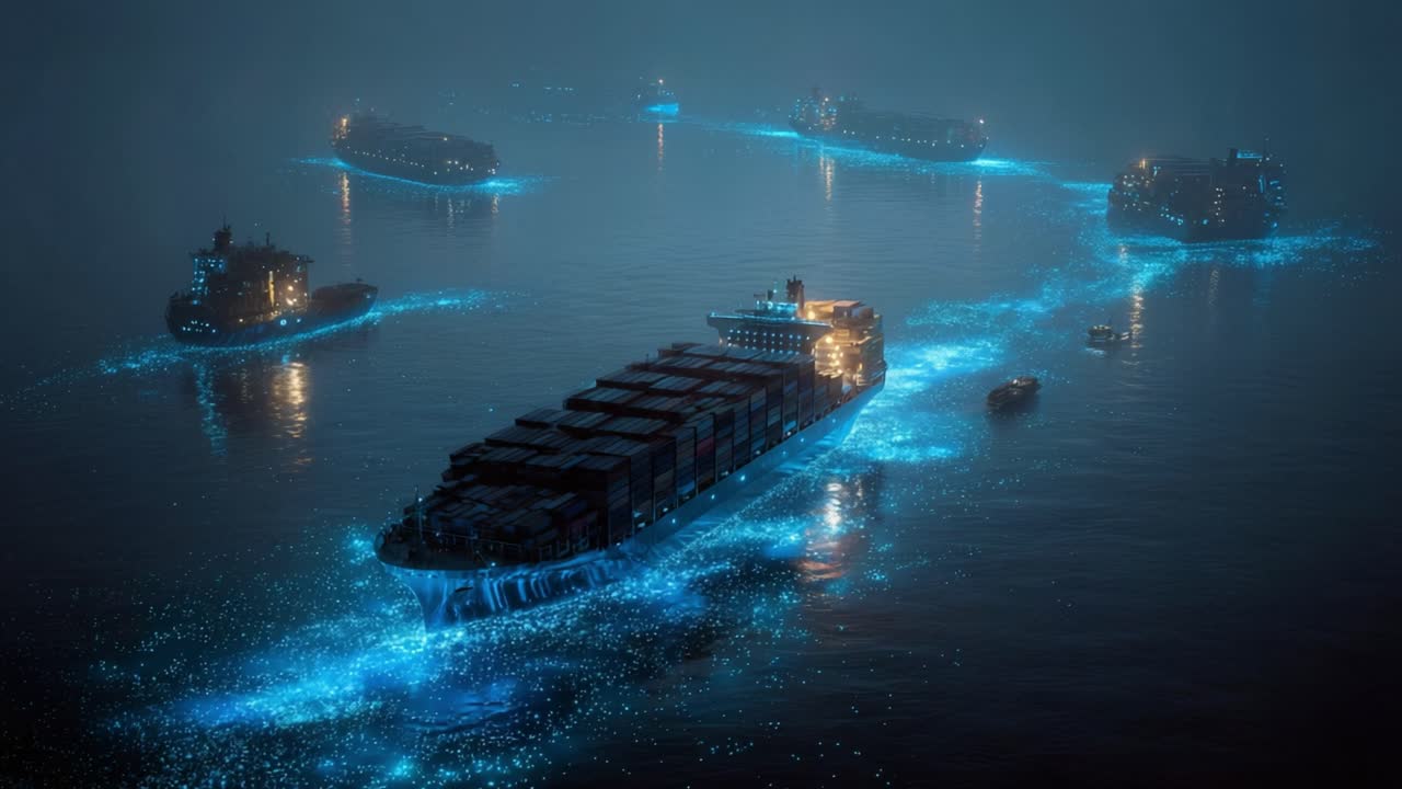 Majestic container ship navigating through a misty sea at night, creating a mesmerizing trail of glowing blue bioluminescent plankton, representing global logistics and marine ecosystems