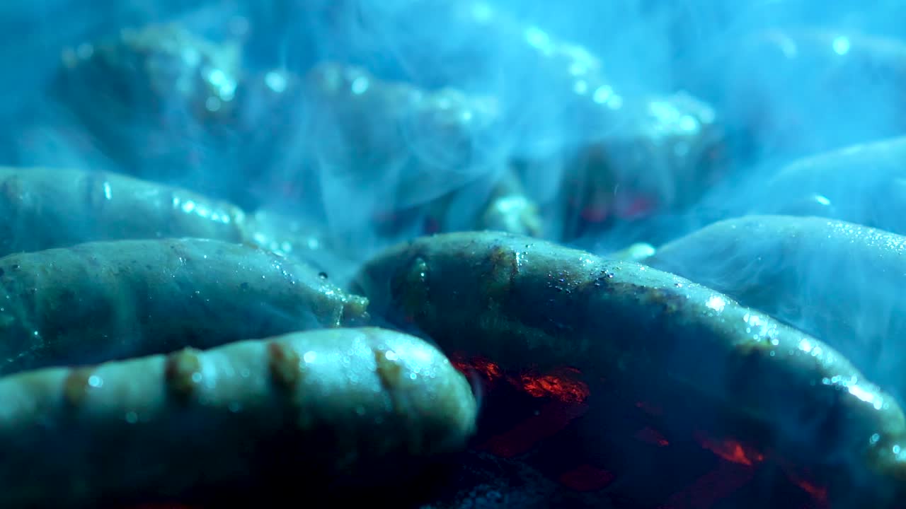 뜨거운 그릴에서 담배를 피우는 땀 흘리는 소시지