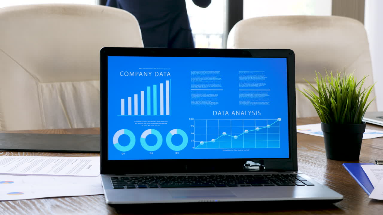 Laptop displaying company data and data analysis charts