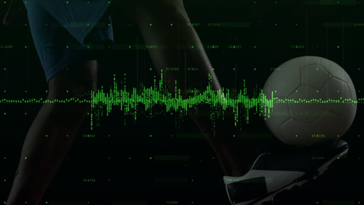 Kicking soccer ball, player with digital animation overlay on field