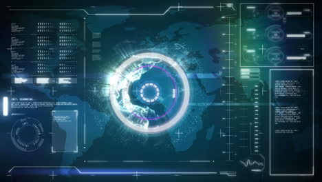 animación de escaneo de alcance y procesamiento de datos sobre el mapa del mundo