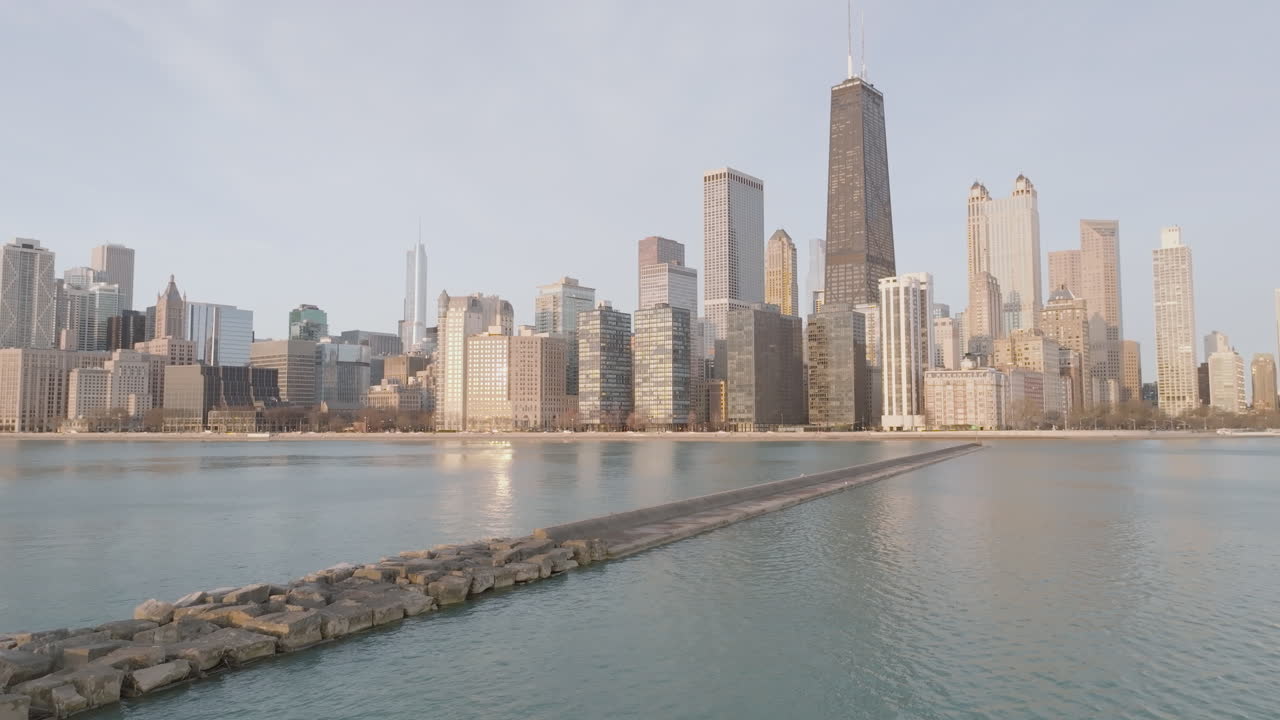 Aerial view of Chicago at sunrise. Shot on a spring morning along Lake Michigan.