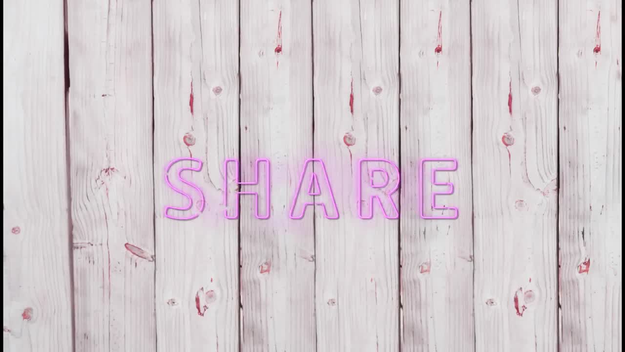 Animation of blinking share text over wooden background