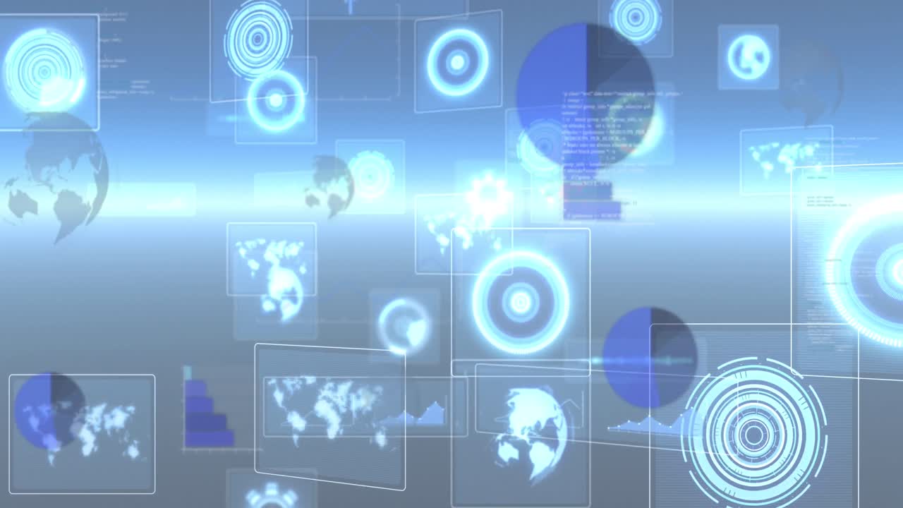 둥근 스캐너의 애니메이션과 파란색 배경에 반이는 빛의 흔적에 대한 데이터 처리