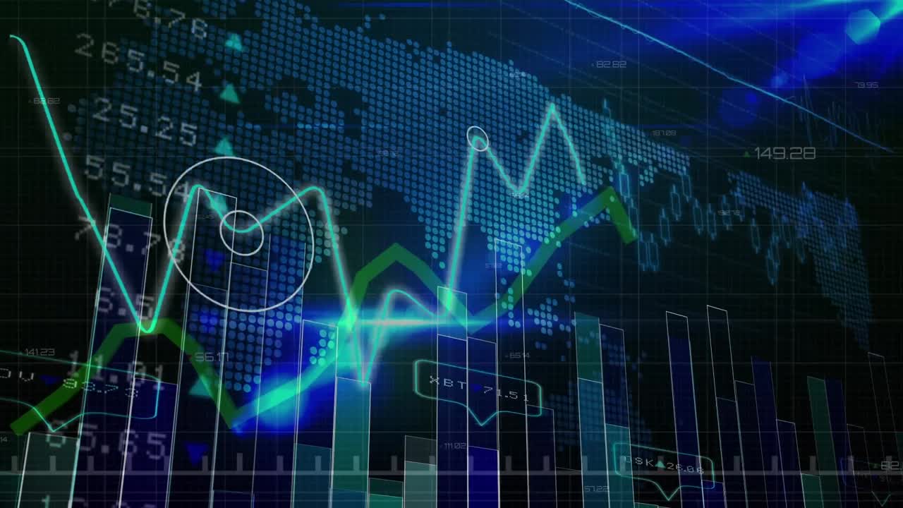 Animation of graphs and financial data over world map and blue and black screen
