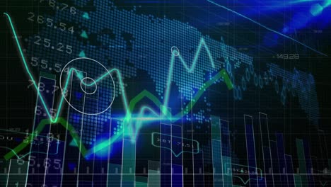animation of graphs and financial data over world map and blue and black screen