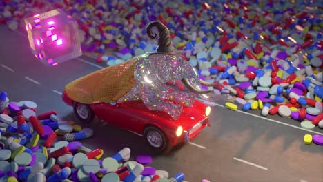 elephant in a car driving through a pile of pills