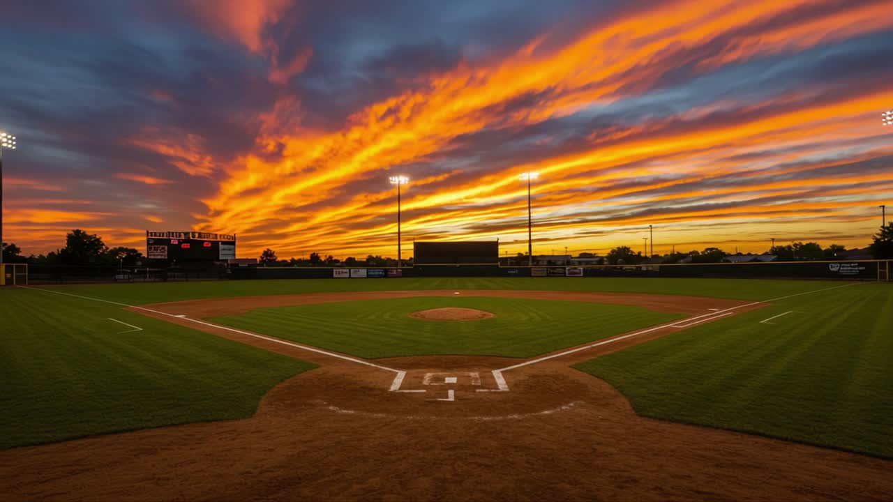 A Stunning Sunset Over a Baseball Field: Capturing the Essence of Play at Dusk with Vibrant Colors and Illuminated Field Lights