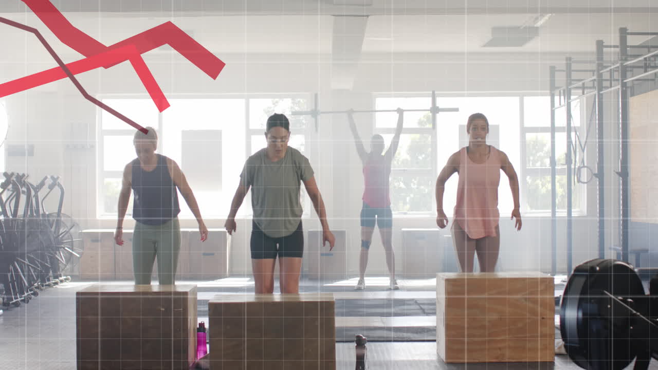animación de datos de procesamiento de gráficos sobre diversas mujeres saltando en cajas de entrenamiento cruzado en el gimnasio