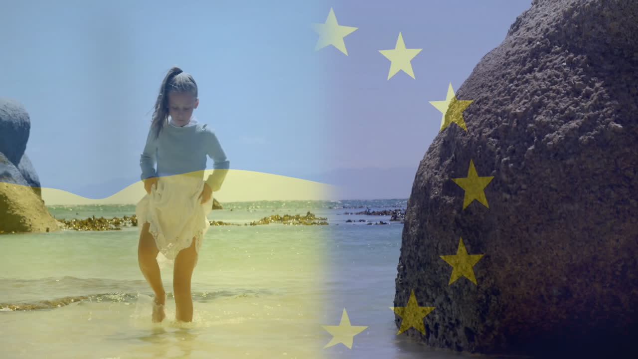 Walking in shallow water, girl with animation of European Union stars