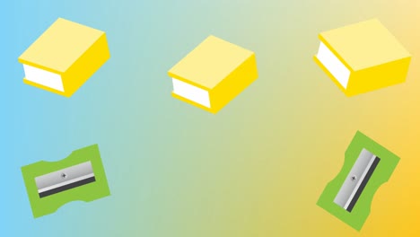 animation of book and sharpener school icons on blue to yellow background