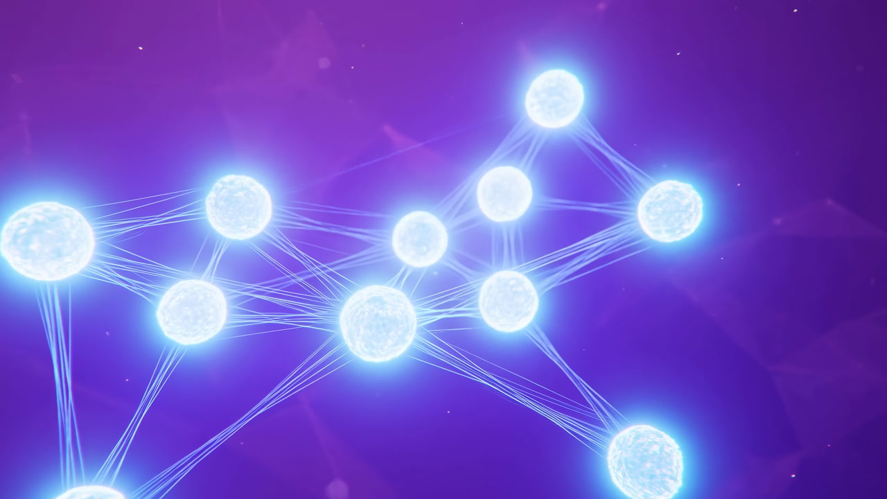Glowing Neural Nodes Connected In Purple, Holographic Filaments Pulse With Light Across Violet Background, Ai