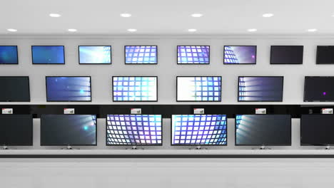 interior of electronics store with synchronized video playing on screens of multiple televisions