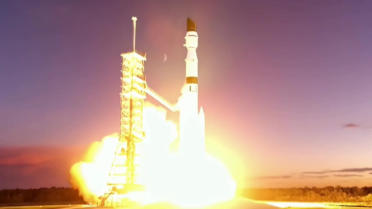 Powerful Rocket Launching from Launchpad at Dusk