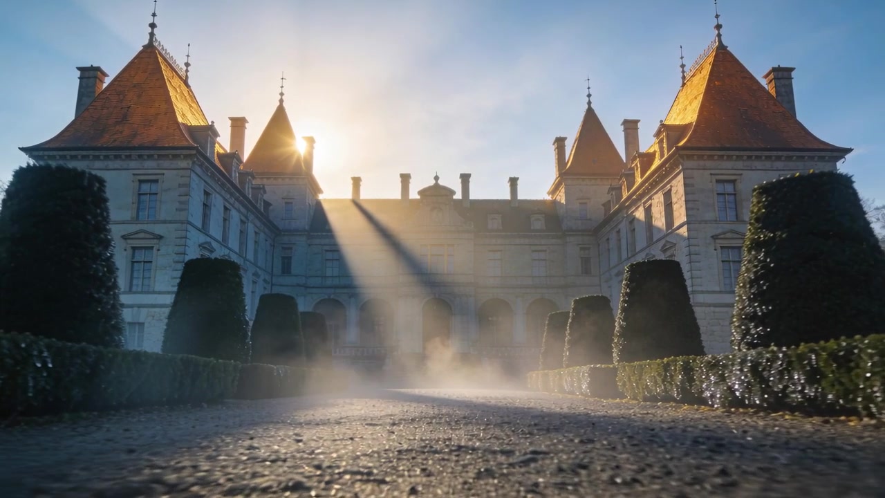La telecamera a bassa angolazione si avvicina, mostrando la texture della ghiaia bagnata e la facciata del castello in giardino, tra nebbia e raggi di sole.