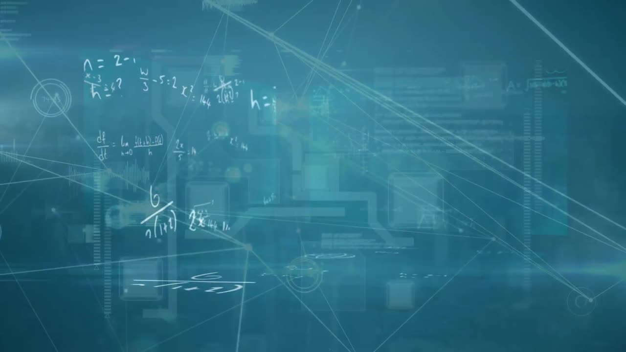 ecuaciones matemáticas y procesamiento de datos contra un fondo azul