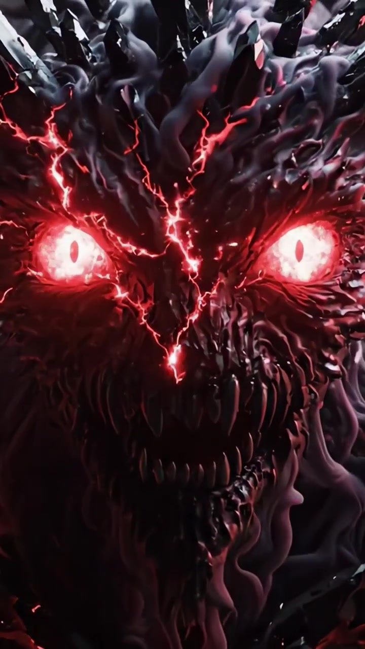 Un'Entità Oscura Emerge: Una Creatura Minacciosa con Occhi Rossi Incandescenti e Cristalli Frastagliati in un Abisso Surreale di Ombre e Fiamme, Evocando Terrore e Intrigo
