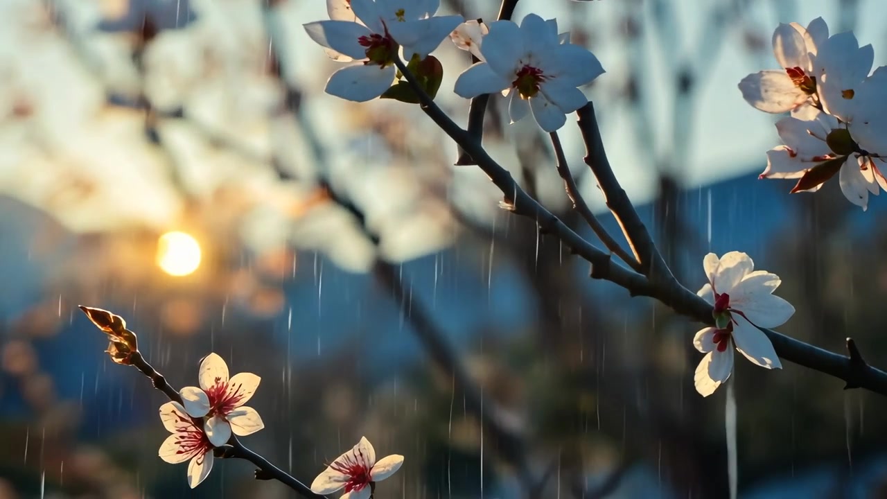 優しい雨と黄金の夕焼けの光に包まれた可憐な春の花