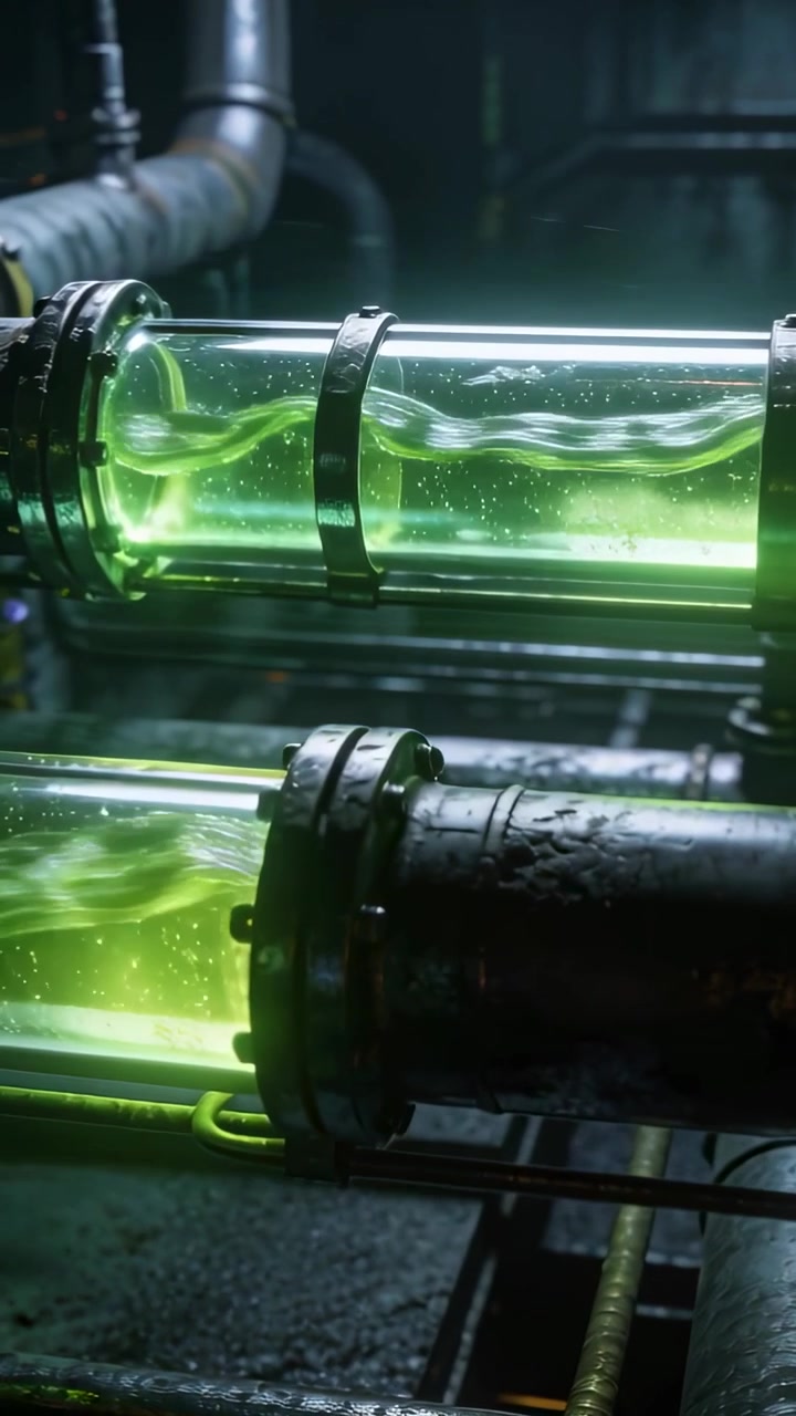 Vertical video: Flowing neon green fluid moving through two transparent tubes in lab, forming waves