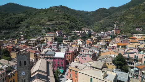 beautiful aerial drone shot above monterosso, one of the 5 towns in cinque terre, italy