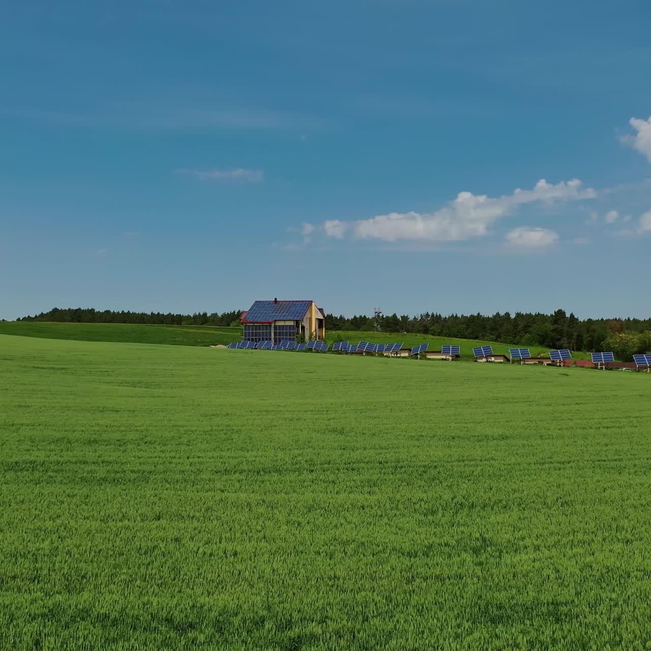 Solar farm on green field. Flying over the field of agricultural plants to the modern complex with many solar panels. Alternative energy. Aerial view.