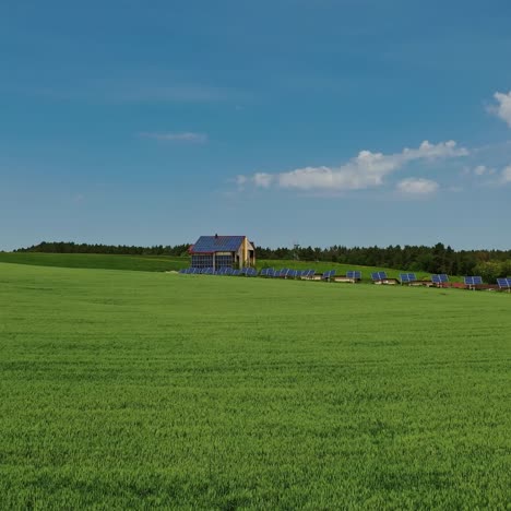 solar farm on green field. flying over the field of agricultural plants to the modern complex with many solar panels. alternative energy. aerial view.