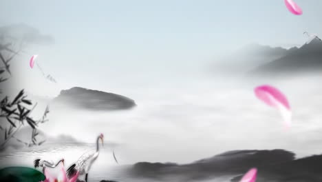 digital painting style natural ink chinese style landscape artistic conception cloud mist crane of beautiful morning sky, mountains flowers, lake ancient house with simple animation watercolour style